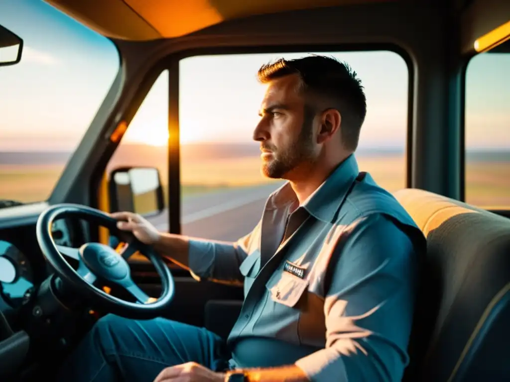 Un camionero concentrado al atardecer, con determinación al manejar