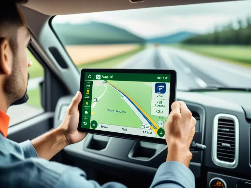 Un camionero enfocado en una app de navegación en su tableta en la cabina de un camión