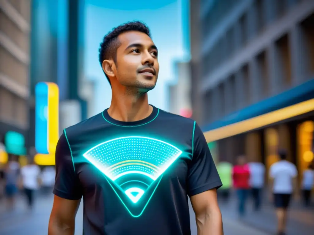 Una camiseta wearable con WiFi se integra perfectamente en la vida urbana, con tecnología vibrante y futurista