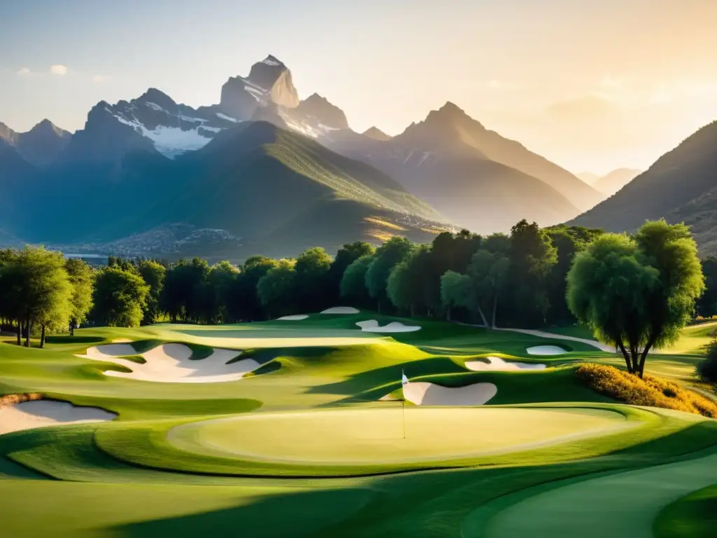 Un campo de golf exclusivo en medio de la naturaleza, con montañas, golfistas y el atardecer