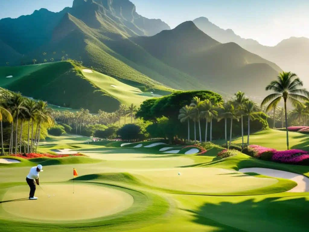 Campo de golf exuberante con montañas al fondo, golfistas elegantes en acción