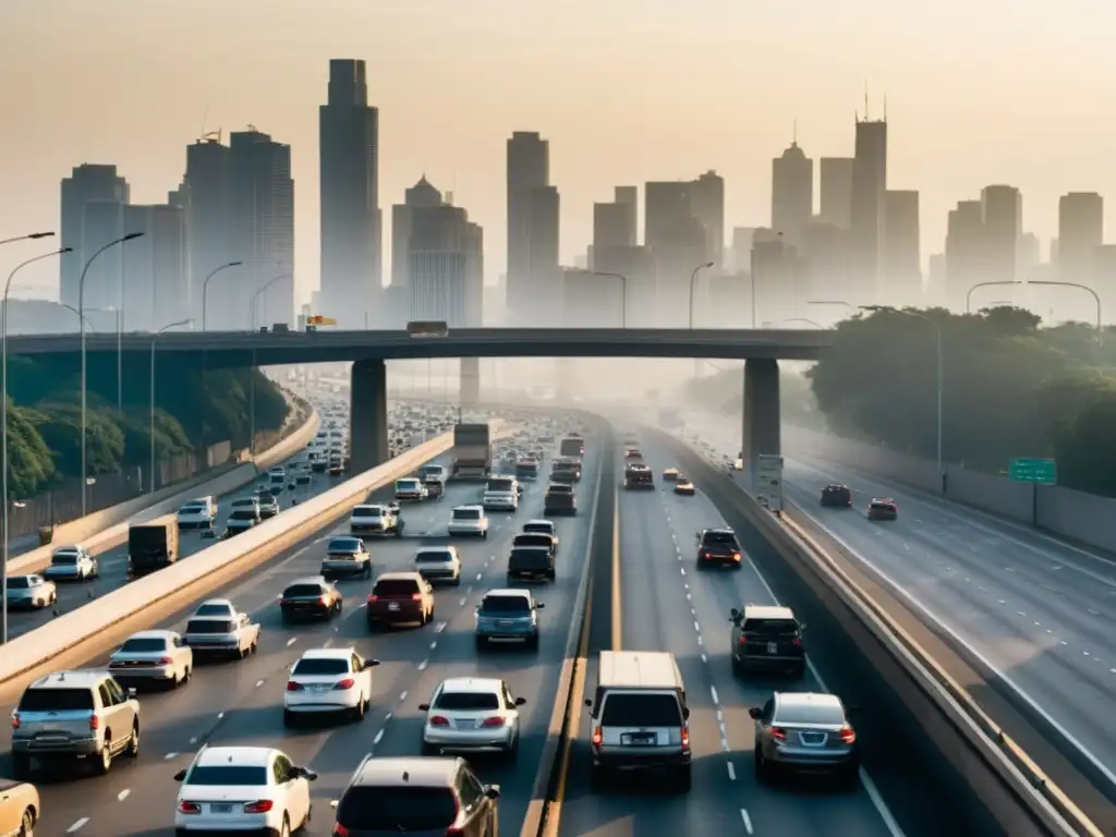 Caos en la carretera durante la hora pico, con smog y congestión