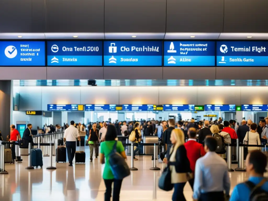 Caos organizado en el bullicioso terminal del aeropuerto, reflejando la compleja responsabilidad por daños transporte aéreo