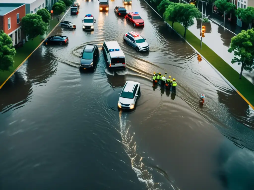 Caos de tráfico y gestión de crisis de transporte en una calle inundada durante una tormenta, con vehículos varados y peatones buscando refugio