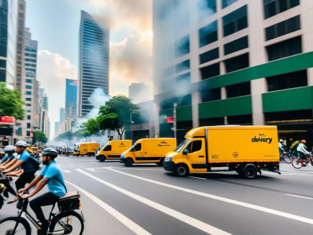 Caos urbano con entrega de mercancías, camiones, bicicletas y humo