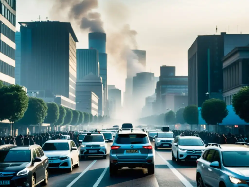 Caótica calle de la ciudad llena de vehículos, con humo denso en el aire