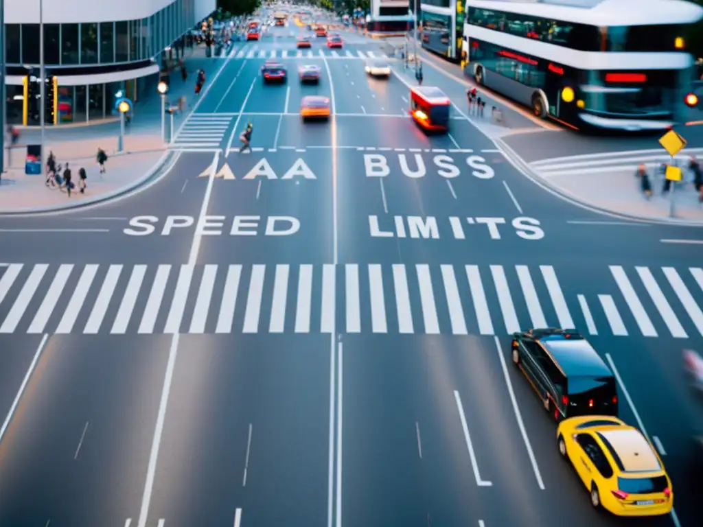 Intersección caótica de una ciudad con tráfico variado y señales viales, resaltando la importancia de la gestión de riesgos en normativas de tránsito