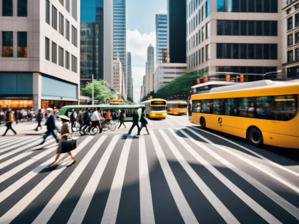 Caótica escena urbana con tráfico y ruido, gente caminando
