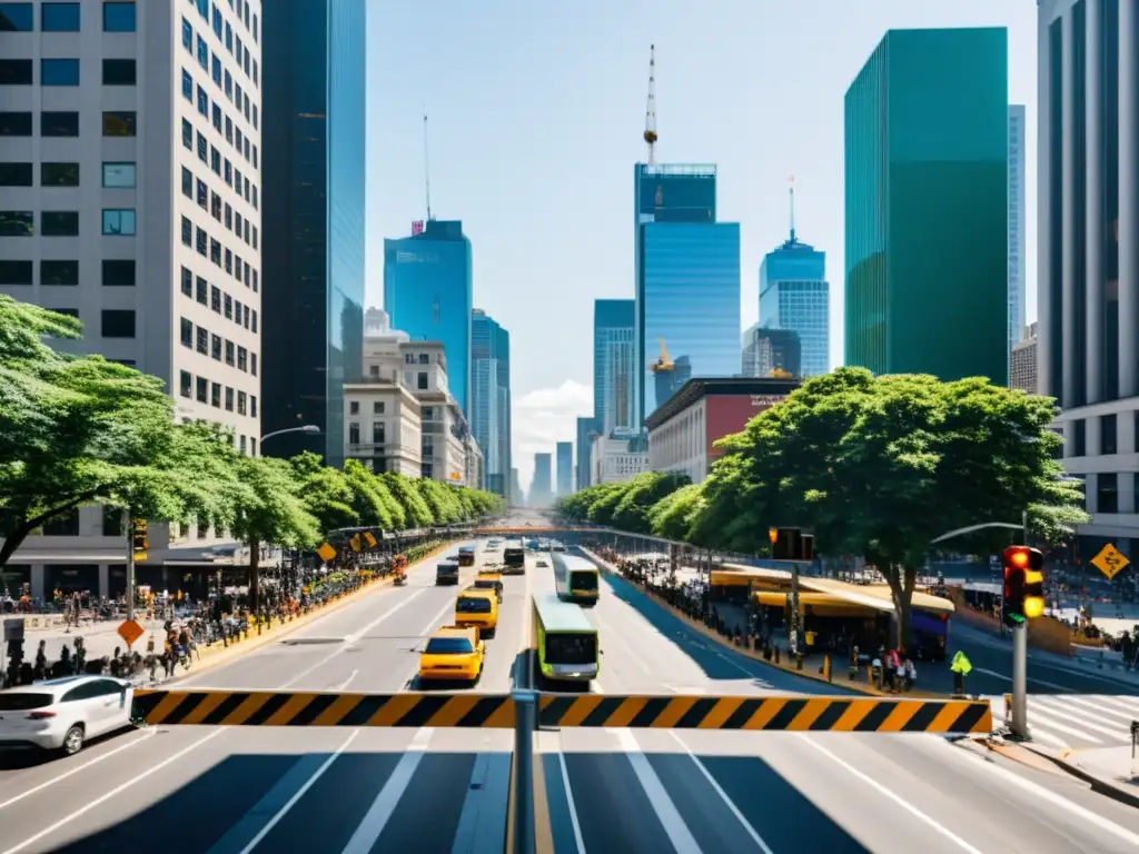 Intersección caótica con tráfico de autos, buses y ciclistas, peatones cruzando y semáforo cambiando de verde a amarillo