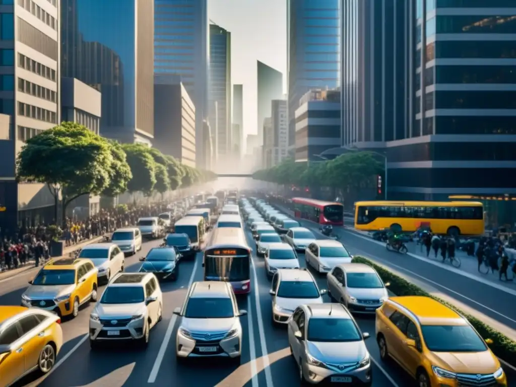 Caótica calle urbana llena de autos, buses y bicicletas, rodeada de altos edificios y smog