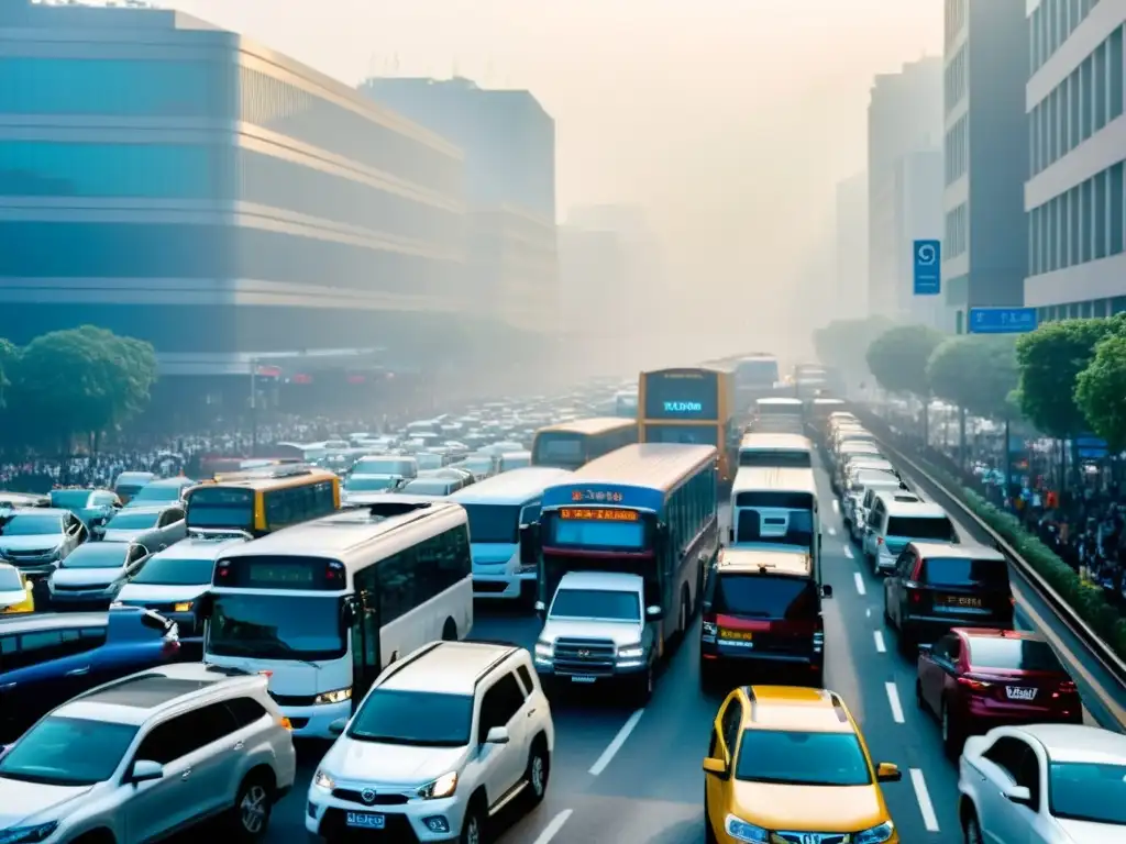 Caótico atasco en la ciudad por la Crisis del petróleo efectos transporte terrestre, con vehículos inmovilizados y cielo contaminado