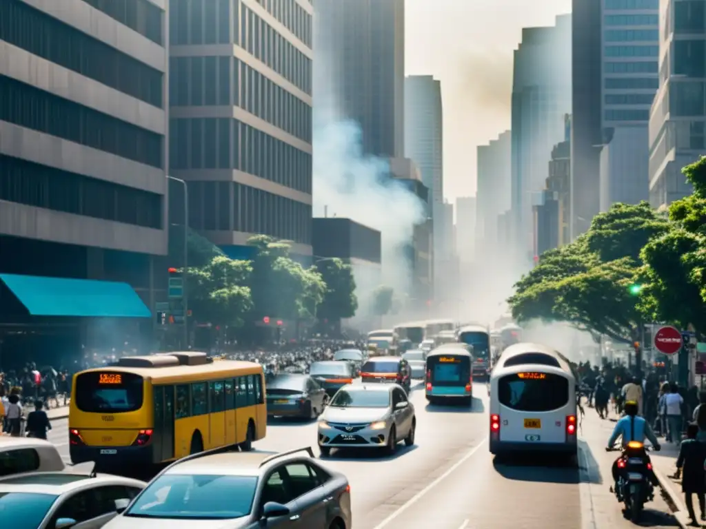 Caótico tráfico urbano con impacto ambiental y densidad de edificios