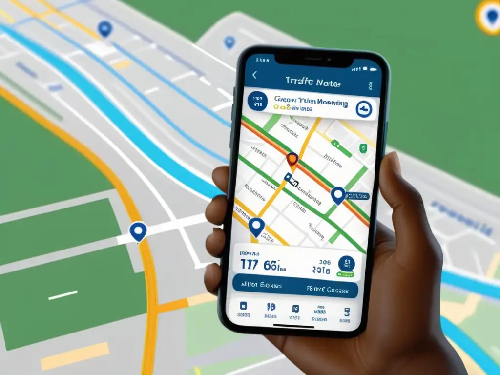 Captura de pantalla de una aplicación de monitoreo de tráfico en tiempo real con mapas detallados y actualizaciones de tráfico en vivo