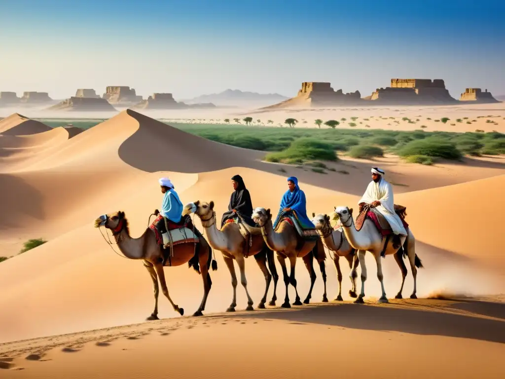 Una caravana de camellos atraviesa una antigua ruta comercial en el desierto, evocando la exploración de rutas milenarias de transporte terrestre