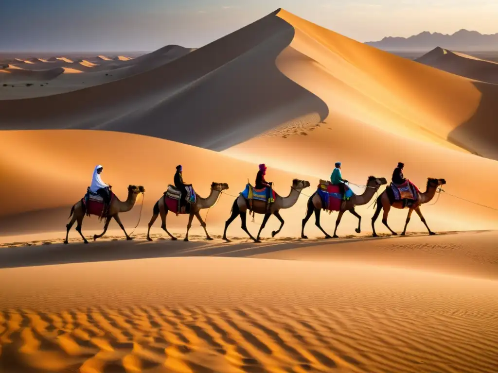 Una caravana de camellos atraviesa el vasto desierto dorado al atardecer, resaltando la importancia cultural del camello en la movilidad desértica