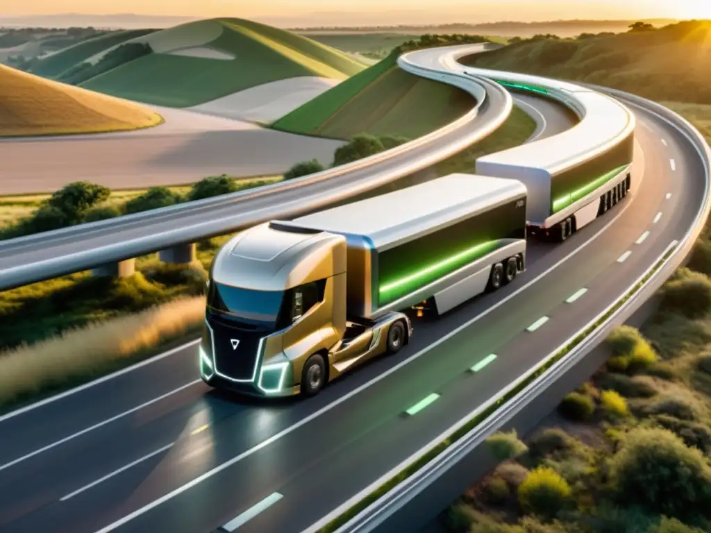 Convoys autónomos: Tecnología y naturaleza en armonía Una caravana de camiones autónomos futuristas recorre una autopista al atardecer, reflejando la luz dorada