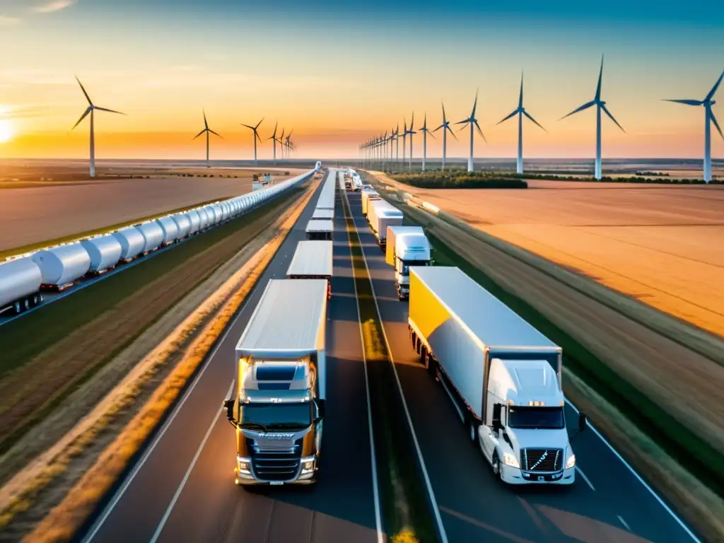 Una caravana de camiones de carretera equipados con tecnología de asistencia eólica avanza por una autopista, con molinos de viento de fondo