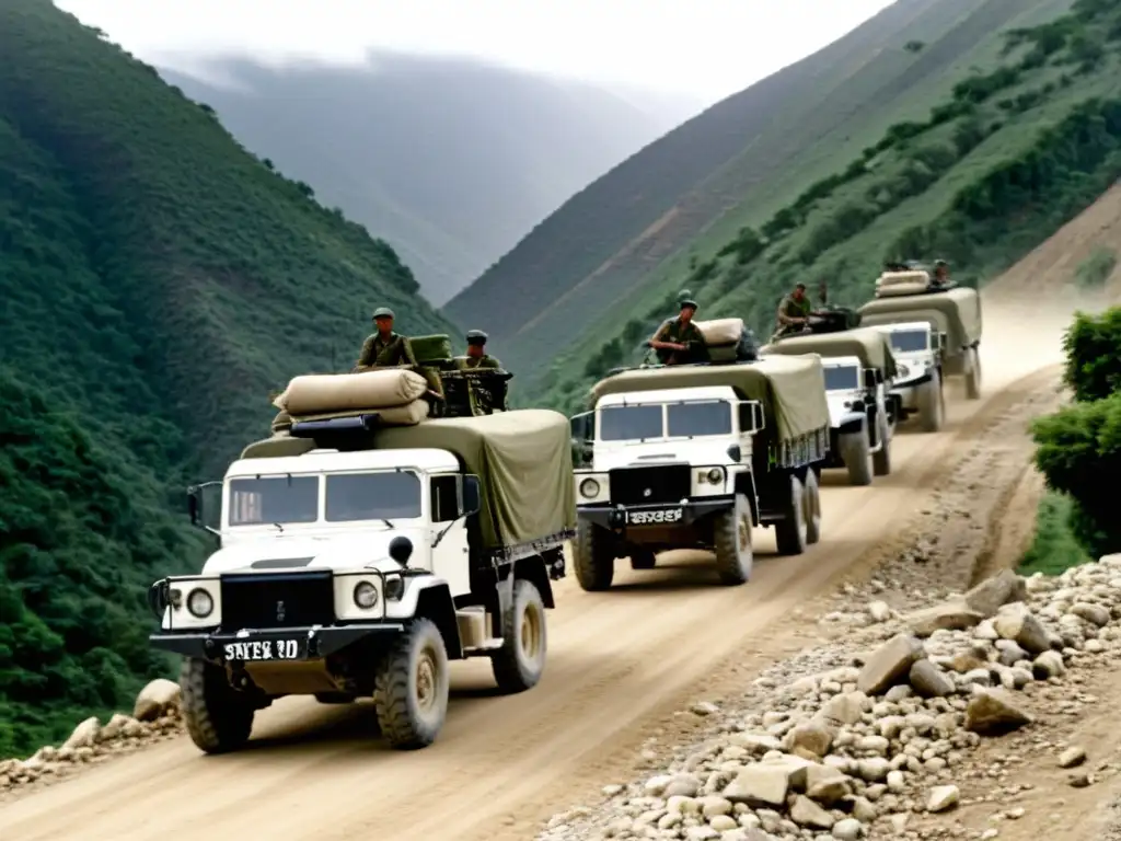 Una caravana de camiones militares avanza por un camino montañoso y agreste, transportando suministros en condiciones de guerra