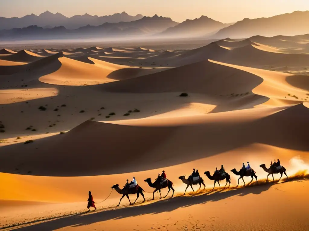 Caravana comercial en el desierto al atardecer, reflejando la importancia de las Rutas de la Seda en el comercio terrestre