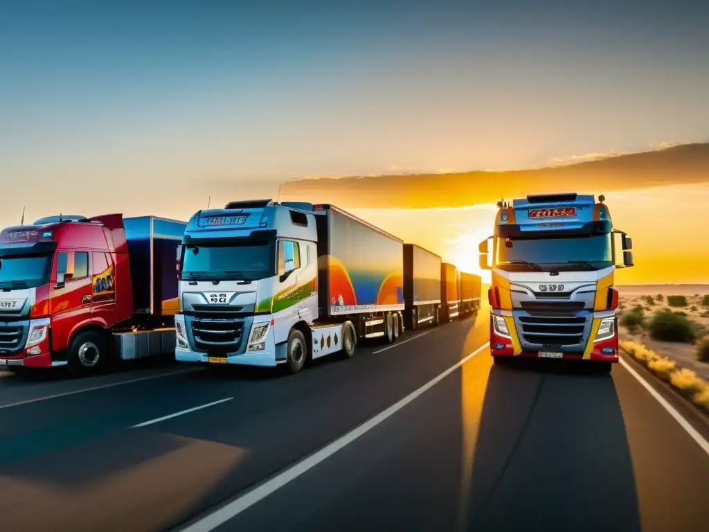 Una caravana de imponentes autobuses y camiones recorriendo una polvorienta carretera al atardecer, con grafitis y personalidad única