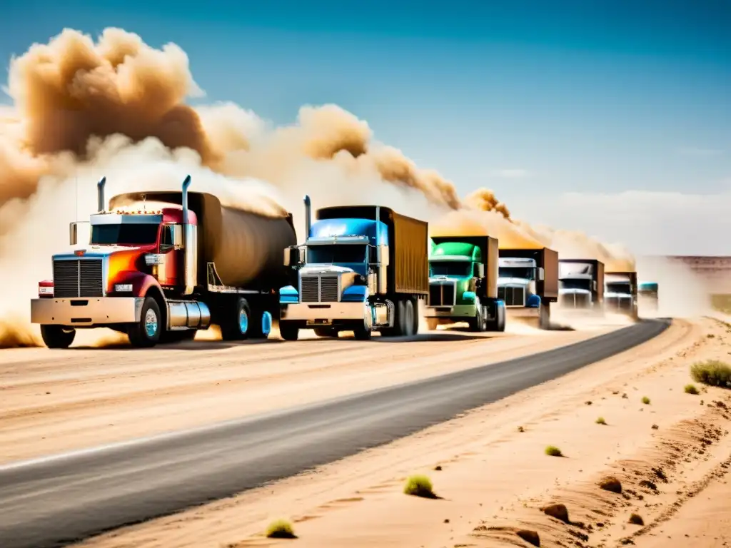 Una caravana de imponentes camiones avanza por una polvorienta carretera en el desierto, simbolizando poder y determinación