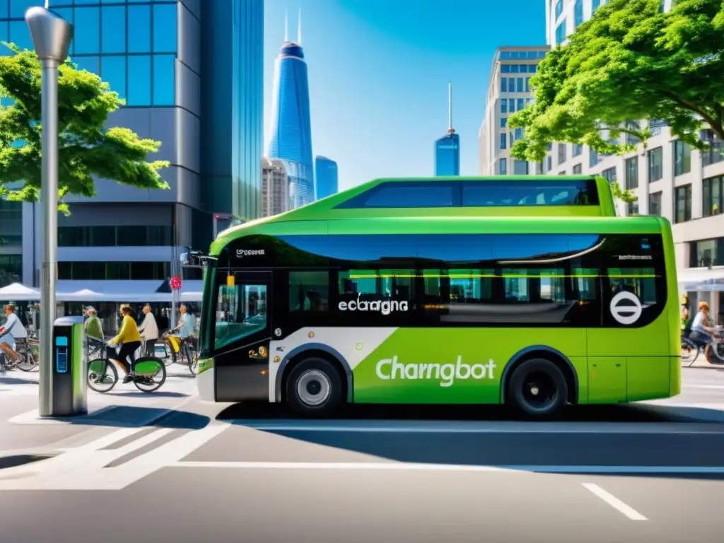 Estación de carga de autobuses eléctricos con ecoetiquetado, reflejando la movilidad sostenible en la bulliciosa ciudad