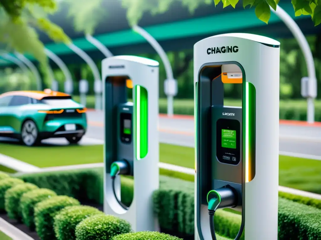 Estación de carga eléctrica futurista en autopista, rodeada de naturaleza