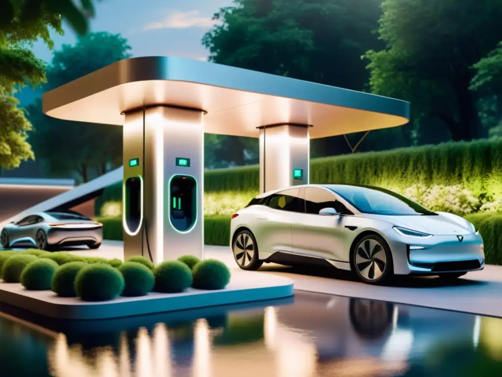 Estación de carga futurista para vehículos eléctricos rodeada de naturaleza, iluminada suavemente