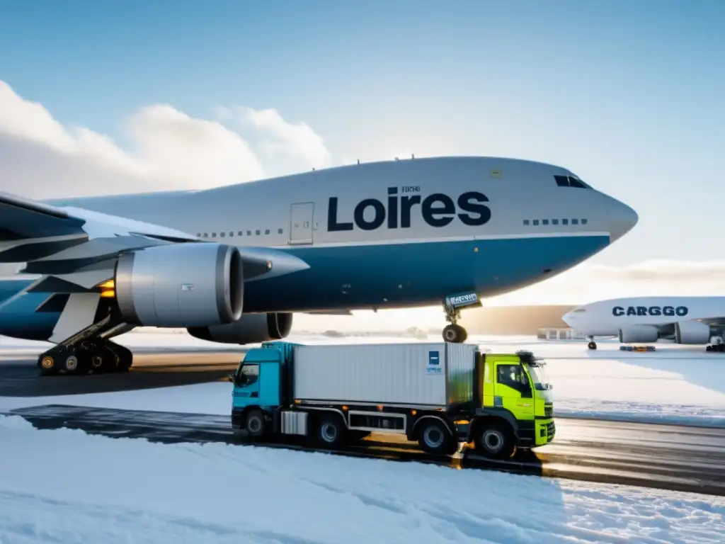 Avión de carga en pista nevada, carga refrigerada, trabajadores, eficiencia logística, Innovaciones logística aérea frío