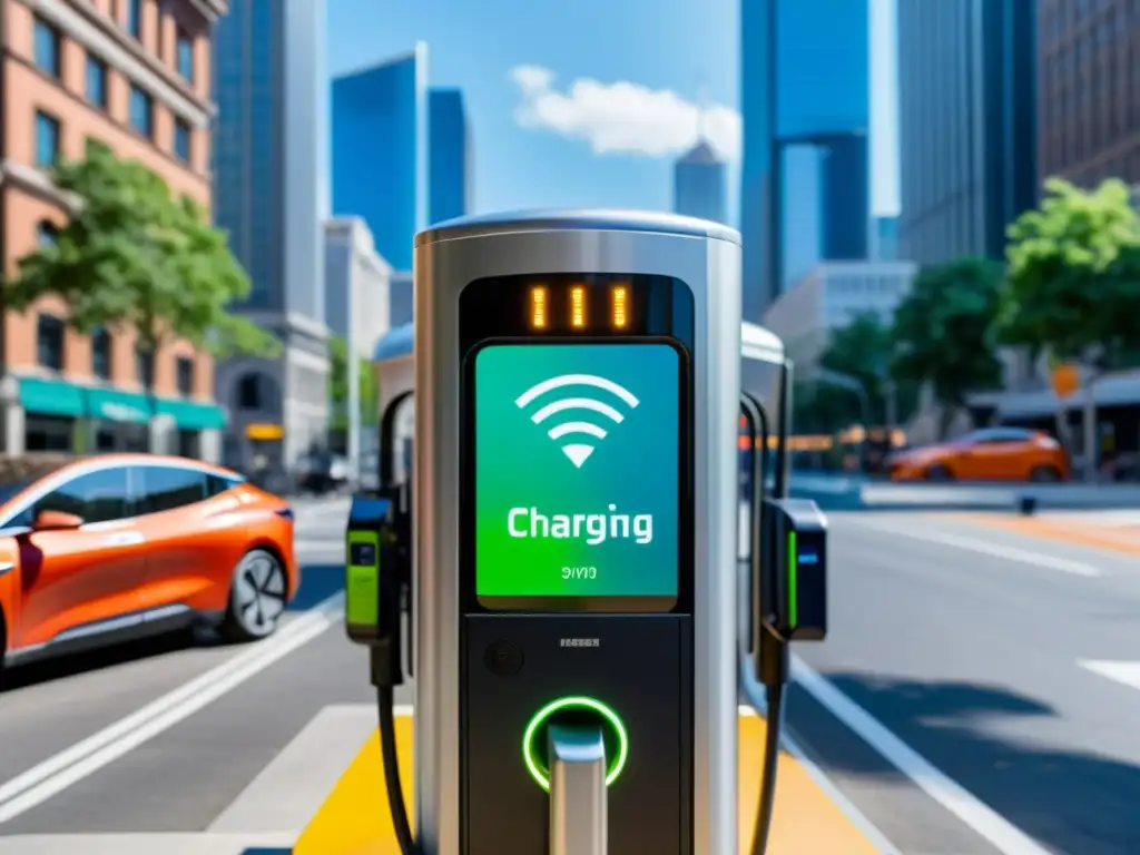 Estación de carga rápida portátil en la ciudad, rodeada de vehículos eléctricos y con diseño futurista