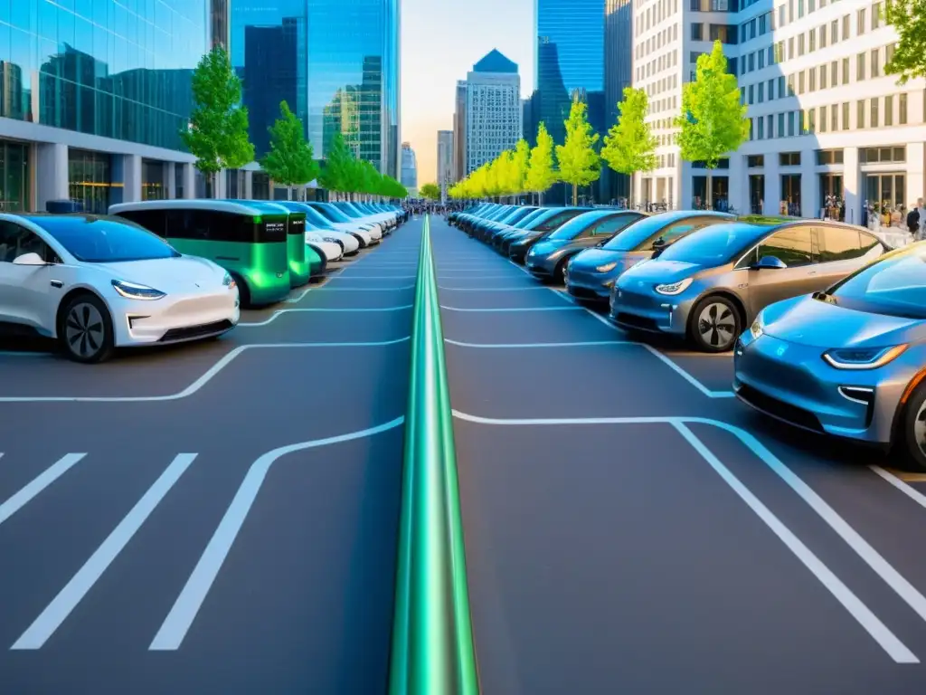 Carga rápida vehículos eléctricos urbanos en bulliciosa calle urbana con estaciones de carga y modernos vehículos eléctricos bajo la luz del atardecer