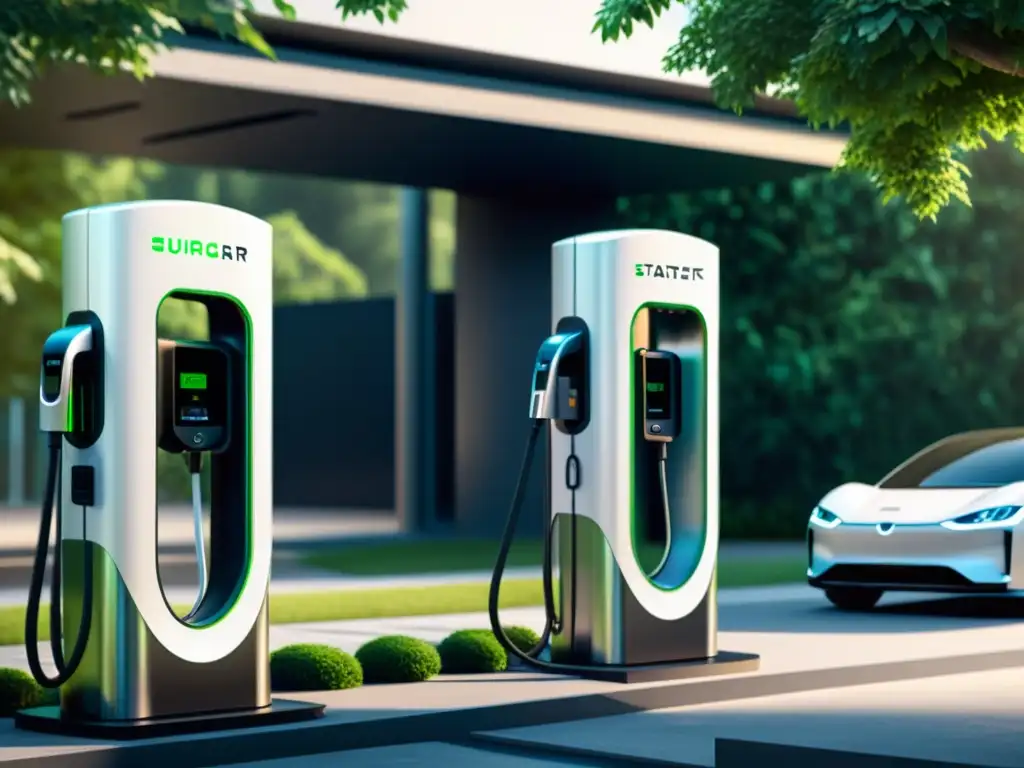 Estación de carga de vehículo eléctrico de lujo en un entorno moderno y verde, mostrando innovación y sofisticación