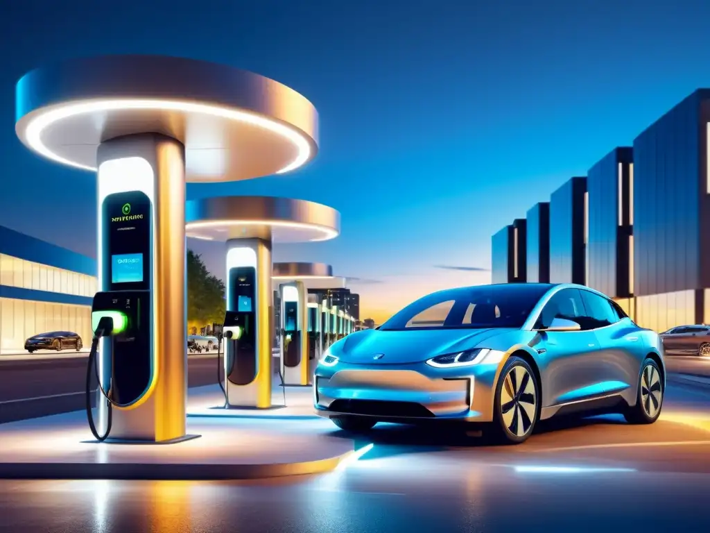 Estación de carga de vehículos eléctricos con avances en la velocidad de carga, integrada en el paisaje urbano moderno, con coches enchufados y arquitectura futurista