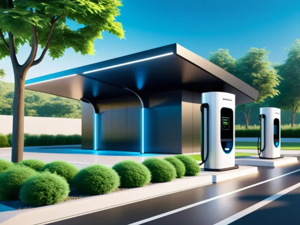 Estación de carga para vehículos eléctricos con diseño futurista, integrando tecnologías para carga vehículos eléctricos en ambiente urbano sostenible