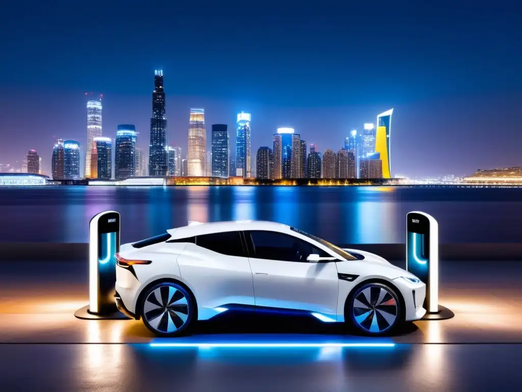 Estación de carga para vehículos eléctricos con diseño futurista, autos aerodinámicos y ciudad moderna de noche