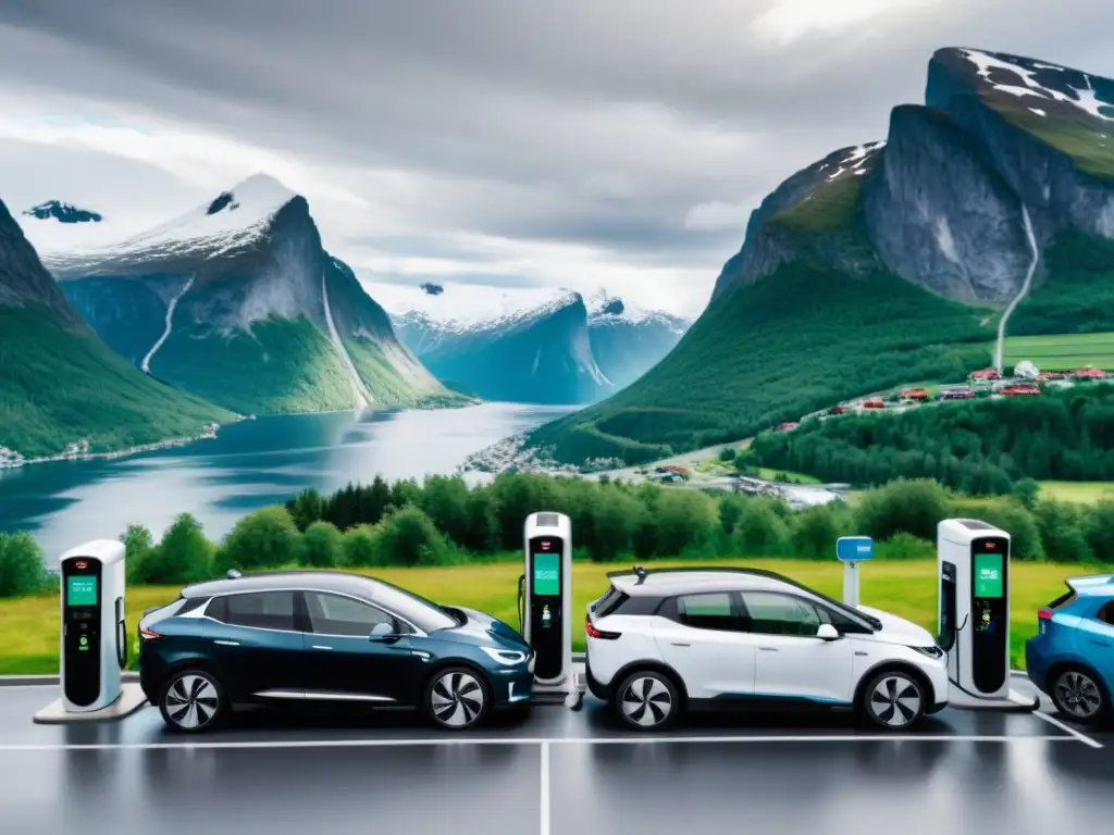 Estación de carga de vehículos eléctricos en Noruega, muestra la electrificación del transporte en países con un paisaje vibrante y dinámico