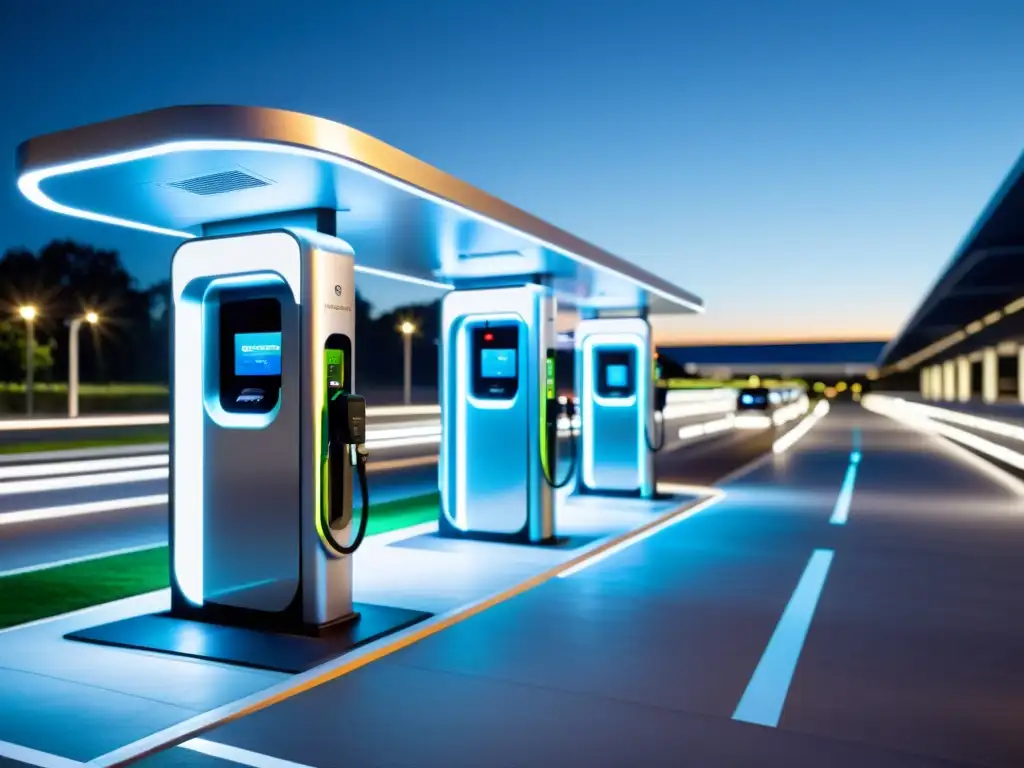 Estación de carga de vehículos eléctricos de diseño futurista, iluminada con luces ambientales