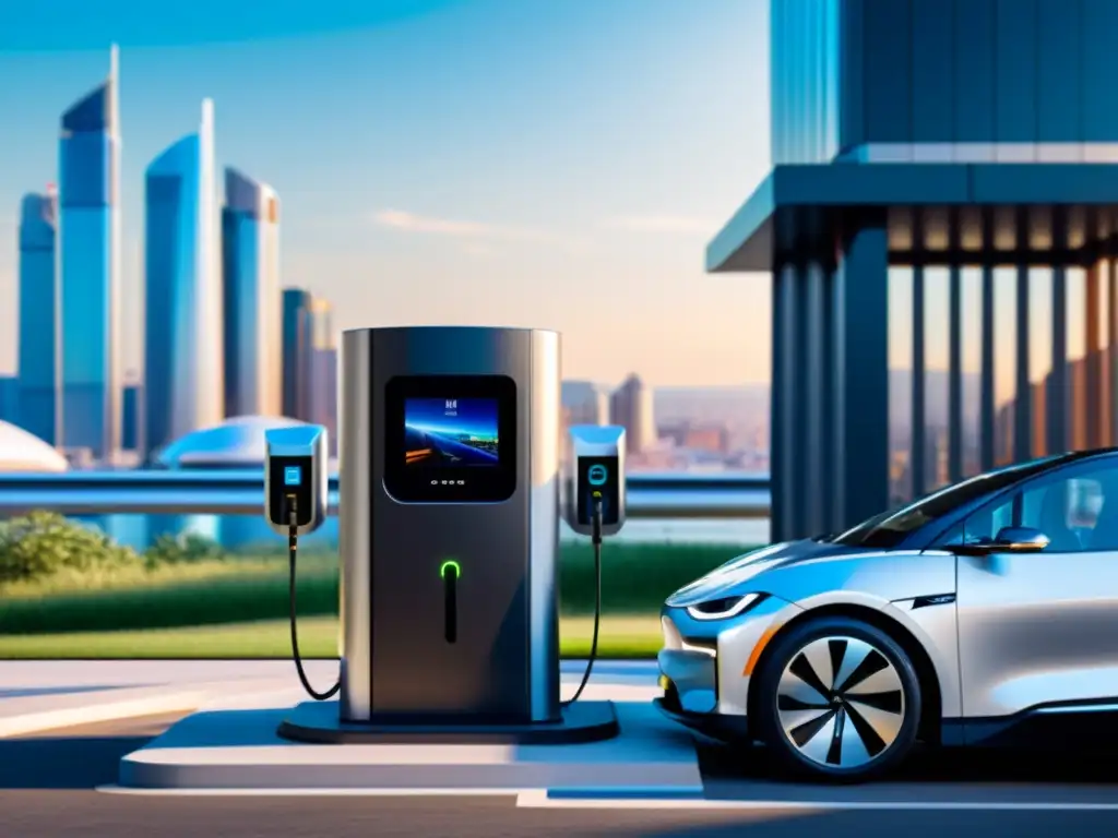 Estación de carga de vehículos eléctricos con tecnologías para carga vehículos eléctricos en ambiente urbano futurista