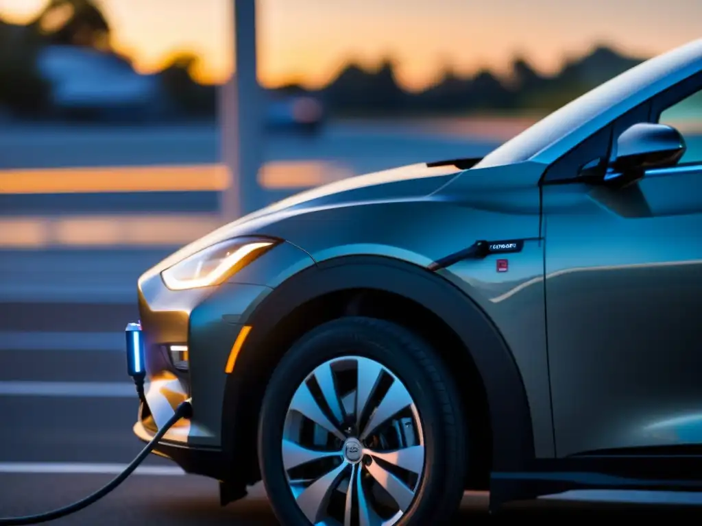 Conexión de cargador portátil a vehículo eléctrico en estacionamiento tenue, mostrando ventajas y desventajas de este tipo de carga