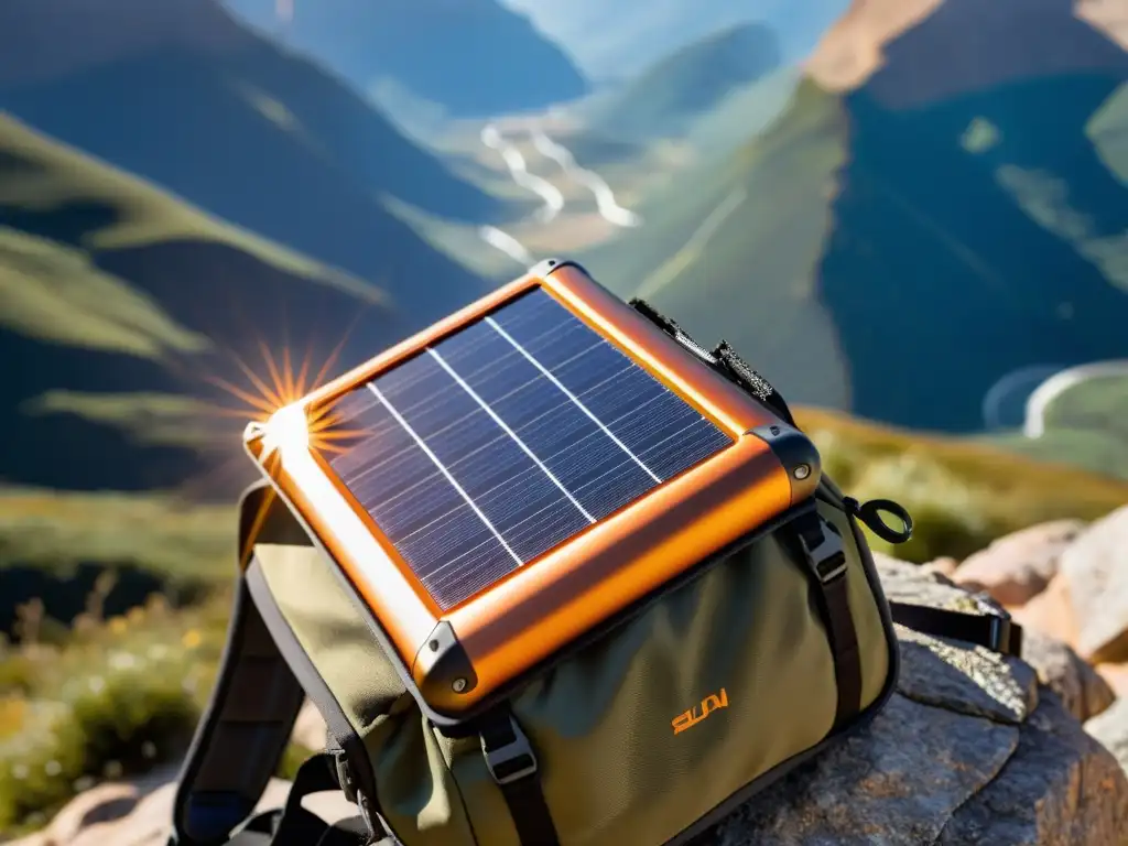 Un cargador solar compacto en una mochila, iluminado por el sol con una textura detallada