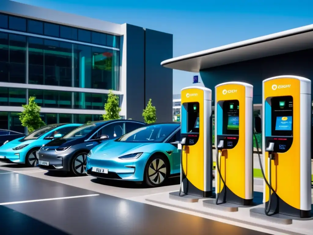 Cargadores rápidos de vehículos eléctricos integrados en la vida urbana, con estaciones modernas y autos eléctricos en una ciudad vibrante