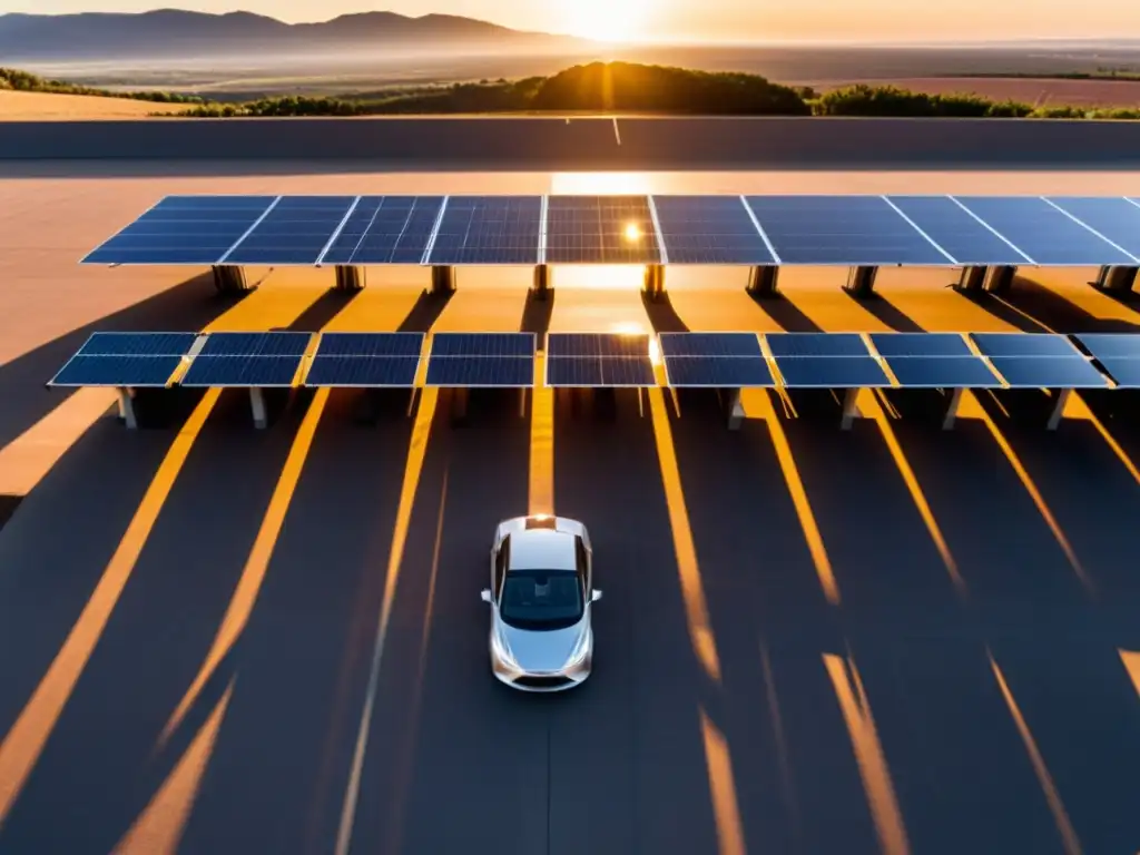 Cargadores solares autos eléctricos sostenibles en atardecer futurista y tranquilo, con paneles solares y vehículos eléctricos