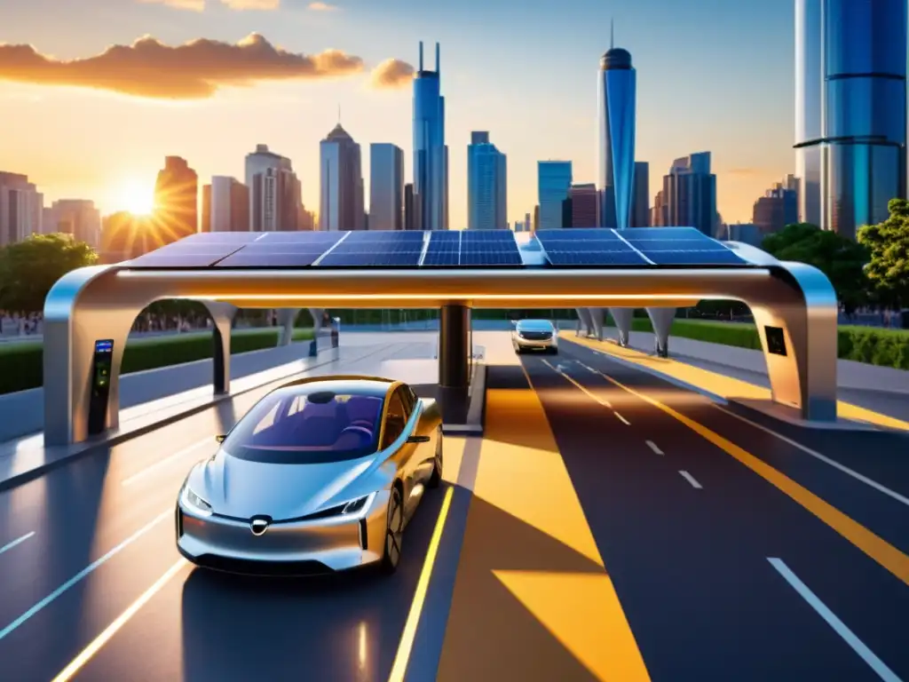 Cargadores solares autos eléctricos sostenibles en la bulliciosa ciudad, con diseño futurista y energía solar iluminando la escena urbana