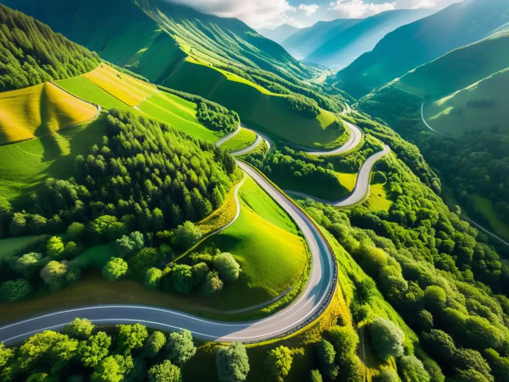 Una carretera panorámica serpentea armoniosamente a través de un exuberante paisaje montañoso, resaltando la conservación de carreteras panorámicas