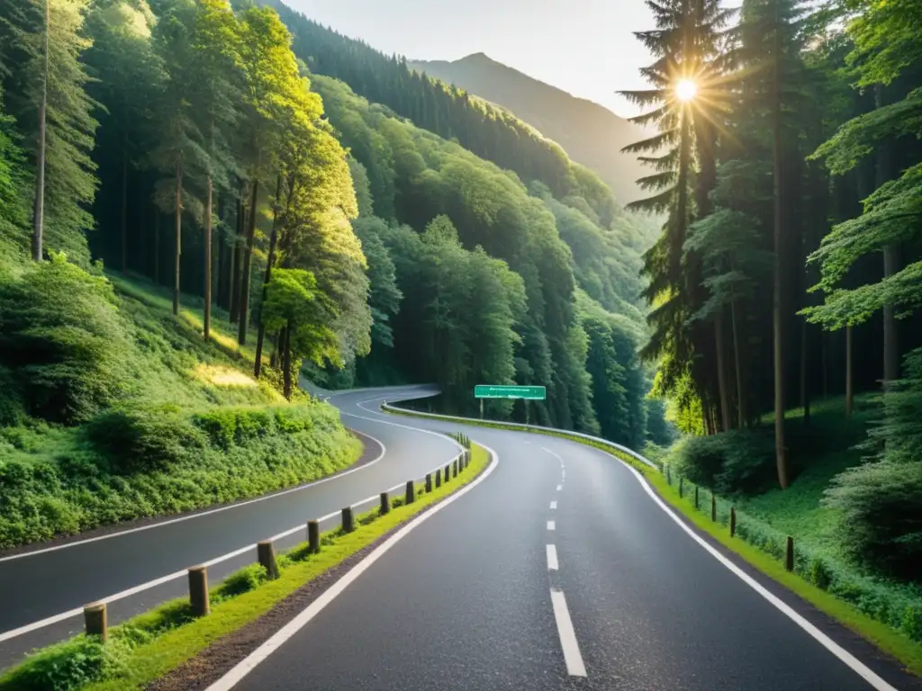 Una carretera serpenteante atraviesa un denso bosque, iluminada por el sol