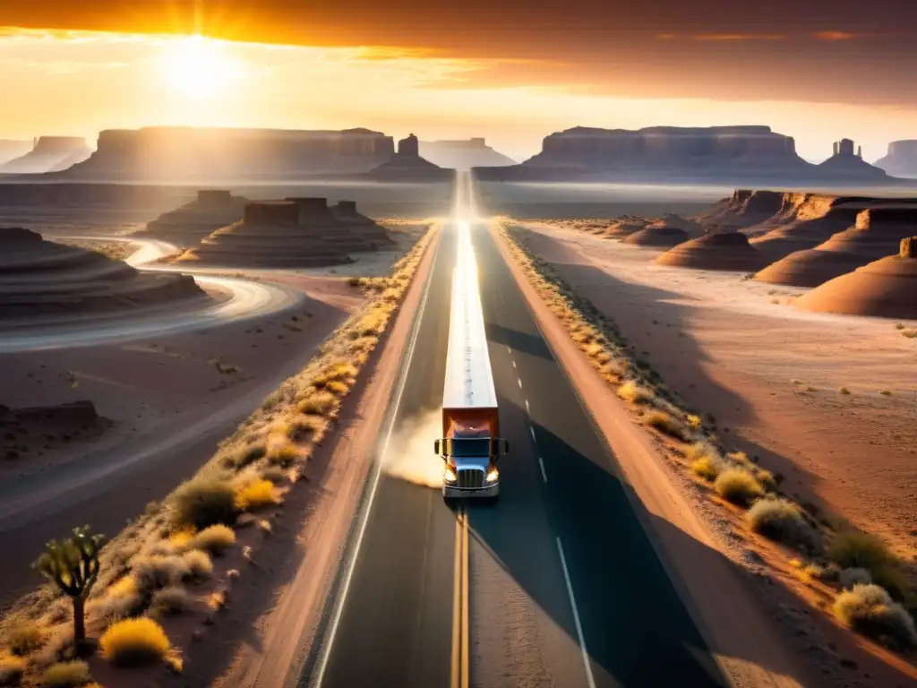 Una carretera serpenteante a través del desierto al atardecer, con camiones iluminando el camino