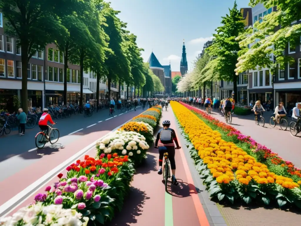 Un carril bici bullicioso en Utrecht, Países Bajos, con ciclistas de todas las edades y fondos, rodeado de flores coloridas y vegetación