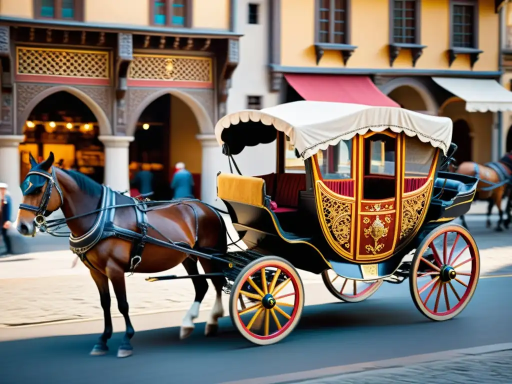 Una carroza antigua detallada en 8k muestra la transformación de los medios de transporte a lo largo de la historia en un bullicioso mercado medieval