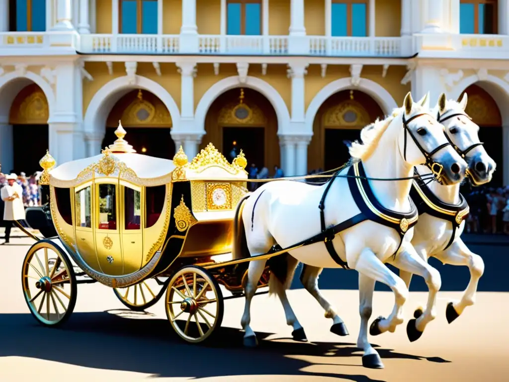 Carroza dorada tirada por cuatro majestuosos caballos blancos, rodeada de una multitud elegante y edificios opulentos, reflejando la evolución de los medios de transporte de lujo a lo largo de la historia