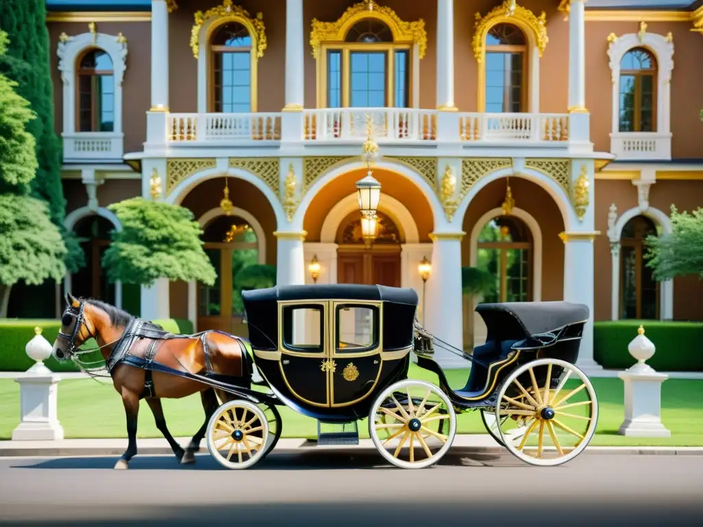 Carroza vintage lujosa con detalles dorados y terciopelo frente a mansión elegante, evocando la evolución de los medios de transporte de lujo